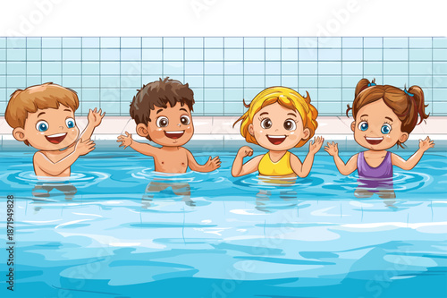 Joyful Children Swimming in a Pool