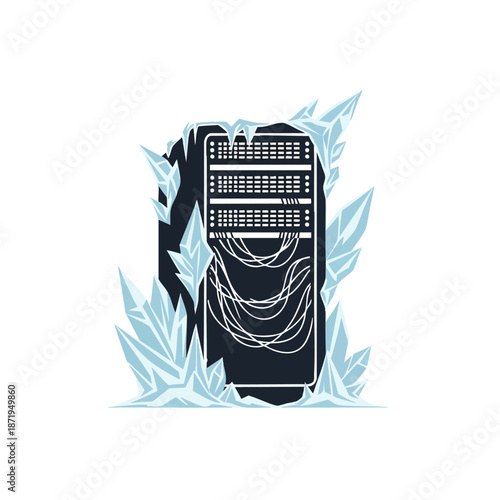 Illustration of a frozen computer server surrounded by ice, highlighting the importance of cooling technology in data centers and the impact of temperature on performance.