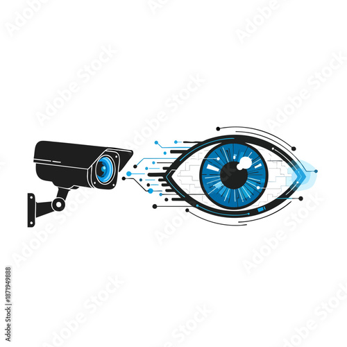 Futuristic illustration combining a security camera and a stylized human eye, showcasing advanced surveillance technology in a digital age with striking blue accents.