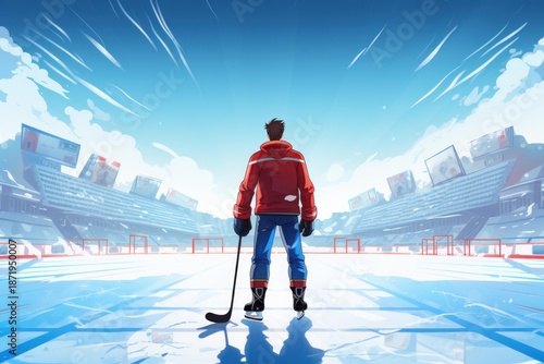 Hockey player with a stick standing on an ice rink, looking at the empty stadium