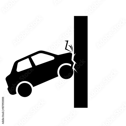 Stylized black silhouette of a car colliding with a wall, illustrating the impact of a car accident in a clear, minimalist design perfect for safety campaigns or insurance visuals.