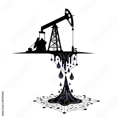 An illustrative vector design depicting an oil rig drilling and extracting crude oil with drops falling, symbolizing the energy industry and environmental concerns.