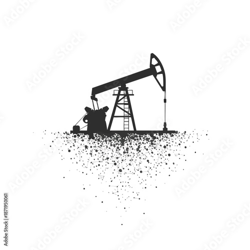 Silhouette of an oil pump jack extracting crude oil against a stark white background, representing the energy industry and its impact on the environment and economy.