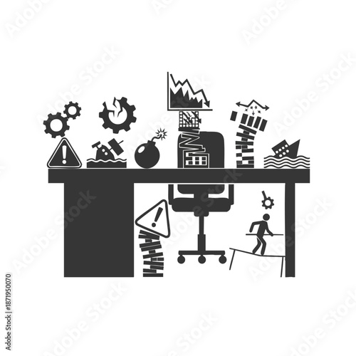 A cluttered desk scene representing workplace stress, featuring warning signs, graphs, and gears, highlighting the challenges of modern business environments and productivity.