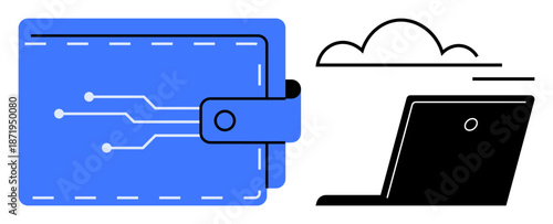 Online finance, fintech, digital payments, cloud computing, cryptocurrency, remote work. Blue wallet with circuit patterns and black laptop with cloud symbol. Online finance and cloud computing