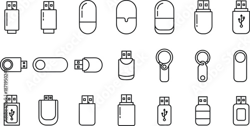 USB flash drive icons in varied shapes and styles for tech accessories, data storage, and digital interface visuals