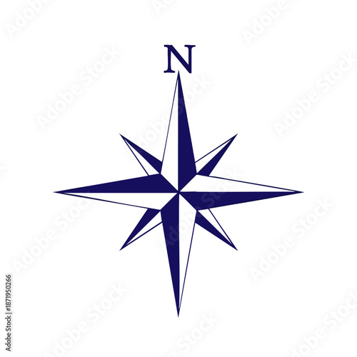 Nautical directional compass rose emblem with a bold, blue design featuring an eight-point star and a prominent 'N' for navigation, ideal for marine themes and adventure branding.