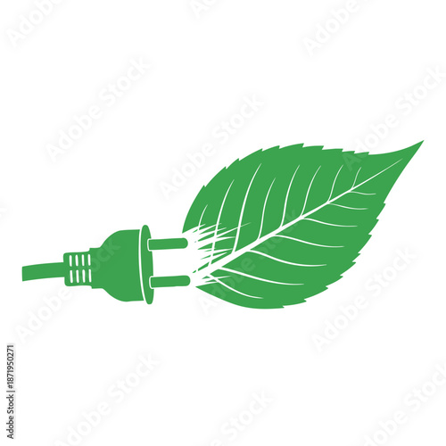 Green plug entwined with a leaf symbolizing eco-friendly energy solutions, renewable power, and sustainability for environmentally conscious businesses and consumers.