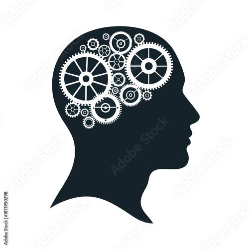 Creative silhouette of a human head filled with gears and cogs, symbolizing innovation, thought process, and the mechanics of the mind in a modern design that appeals to business concepts.