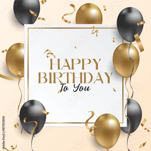 Happy birthday greeting card with gold and black balloons for celebration background. Vector