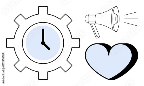 Productivity, collaboration, time management, communication, emotions, business strategy. Gear with clock, megaphone and heart symbol. Time management and communication concept