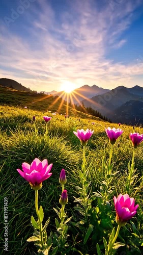 Wallpaper Mural Vibrant pink wildflowers blooming on a green hillside with mountain backdrop Torontodigital.ca