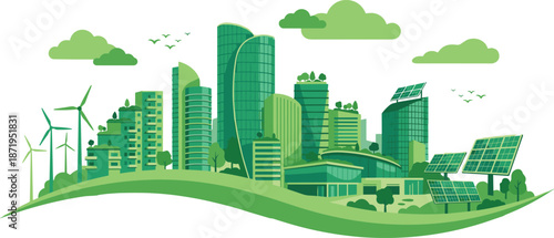 Green sustainable city illustration with eco buildings solar panels wind turbines renewable energy and environmentally friendly urban future concept