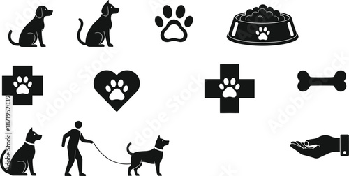 Black silhouette icons of dogs, pet care, and veterinary symbols for animal welfare, service branding, and design themes