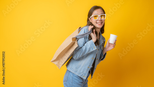 Happy Asian Woman Wearing Sunglasses Carrying Shopping Bag and Holding Coffee Cup in Studio with Bright Yellow Background, Young Female Enjoying Casual Lifestyle