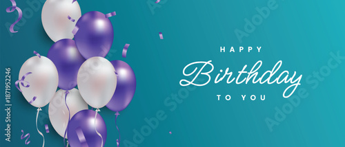 Happy birthday greeting text with balloons and confetti decoration elements for party invitation.