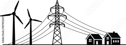 Renewable energy and power transmission illustration featuring wind turbines, high voltage lines, electric grid infrastructure and residential electricity distribution system