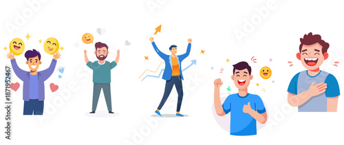 Flat vector illustration set of a happy man showing gratitude, love and celebration. Simple modern emotion character for branding and posts.