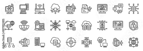 ict icon set collection in outline style. icon pack contain network, server, router, cloud, compute, software, hardware, connect, wireless, security icon