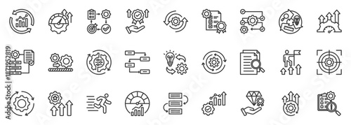 kaizen icon set collection in outline style. icon pack contain improve, optimize, progress, quality, efficiency, implementation, standard, workflow, focus, change icon