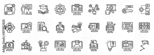 lms icon set collection in outline style. icon pack contain learning, course, training, education, content, module, quiz, certificate, teach, student icon