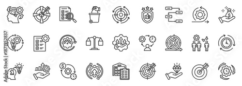 lean thinking icon set collection in outline style. icon pack contain improve, optimize, progress, quality, efficiency, implementation, standard, workflow, focus, change icon