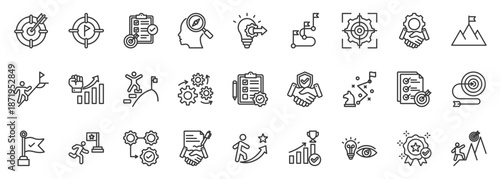 mission icon set collection in outline style. icon pack contain discussion, agenda, schedule, conference, briefing, dialogue, forum, huddle, participation, meet icon