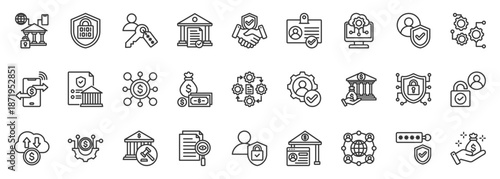 open banking icon set collection in outline style. icon pack contain openapi, interoperability, consent, authentication, authorization, encryption, account, payment network, fintech, banking icon