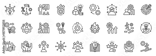 new skills icon set collection in outline style. icon pack contain purpose, objective, goal, vision, success, aim, mandate, motivation, quest, cooperation icon