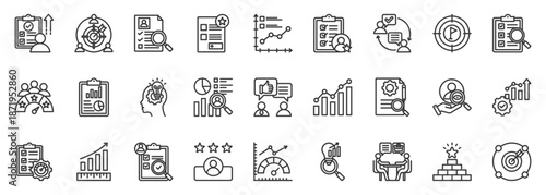 performance review icon set collection in outline style. icon pack contain evaluation, assessment, feedback, rating, score, metrics, goals, target, insight, counseling icon