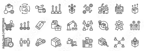 plm icon set collection in outline style. icon pack contain lifecycle, design, engineering, development, validation, price, collaboration, supply chain, improve, commercial icon