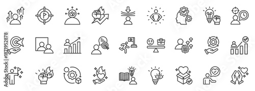 personal growth icon set collection in outline style. icon pack contain awareness, mindset, focus, discipline, resilience, confidence, acceptance, motivation, purpose, clarity icon