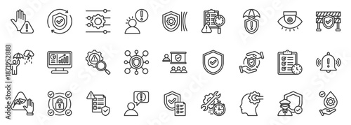 prevention icon set collection in outline style. icon pack contain prevent, protect, safeguard, shield, defense, education, barrier, security, lubrication, control icon