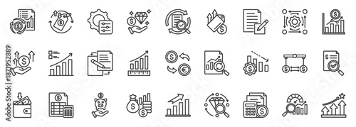 revaluation icon set collection in outline style. icon pack contain revalue, reassess, reprice, reappraise, adjustment, uplift, savings, markup, rising, remeasure icon