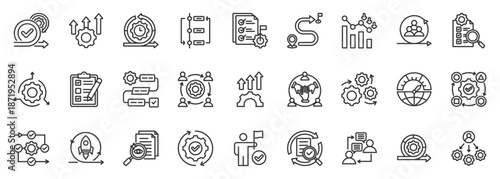 scrum development icon set collection in outline style. icon pack contain scrum, sprint, backlog, planning, review, retrospect, methodology, increment, communication, iteration icon