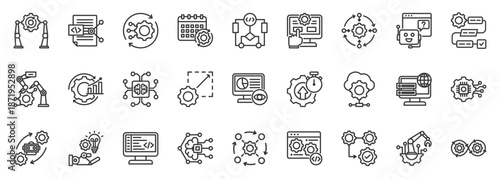 rpa icon set collection in outline style. icon pack contain autonomy, scheduler, optimization, ai, automation, efficiency, synchronize, scripting, control, software icon