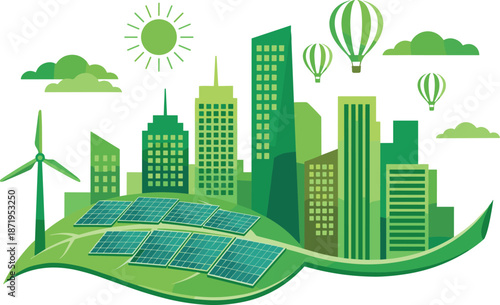 Green sustainable city with solar panels wind turbines eco buildings and renewable energy promoting environmental friendly smart urban future