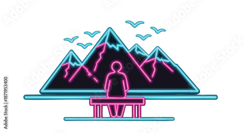 A vibrant neon illustration showcases a solitary person sitting on a bench, admiring a majestic mountain range with birds in flight, symbolizing peace and adventure.