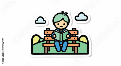 A charming cartoon sticker illustration depicts a young person with green hair quietly enjoying a book while seated on a wooden park bench outdoors.