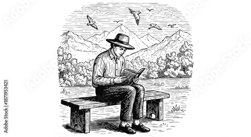 An illustration depicts a man reading a book on a bench, enjoying tranquil nature with majestic mountains and flying birds under a vast sky.