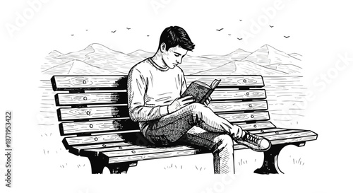 A thoughtful young man enjoys a quiet moment of leisure, engrossed in reading a book while sitting on a park bench with a scenic mountain backdrop.