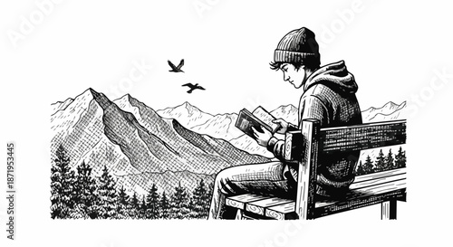 A young person enjoys a quiet moment reading a book while surrounded by majestic mountain scenery and soaring birds.