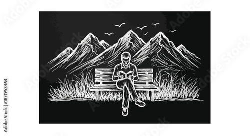 A person sits on a park bench reading a book amidst a scenic mountain landscape with birds flying overhead.