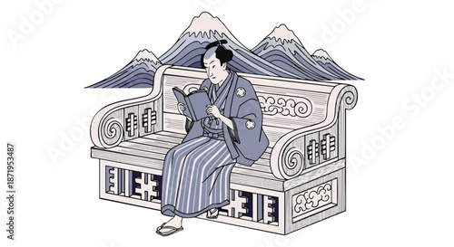 A man in traditional Japanese attire sits on an ornate bench reading a book with mountains in the background.