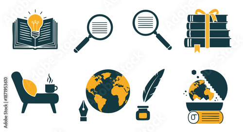 Collection of flat design icons representing knowledge, research, education, and global exploration with a warm, inviting aesthetic.