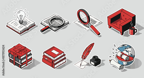 Collection of isometric icons representing knowledge, research, education, and creativity with books, magnifying glass, and quill.