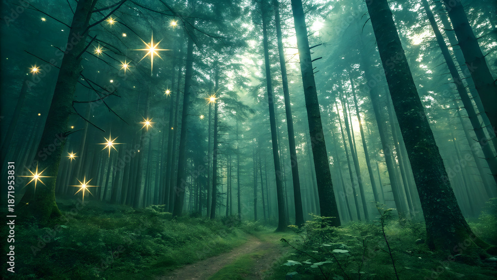 Fototapeta premium Mystical Forest Pathway with Glowing Stars and Sunlight Rays | Enchanted Woods Landscape