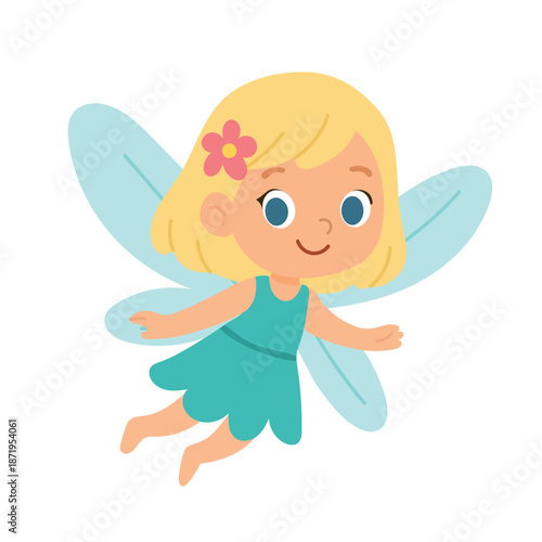 Cute fairy illustration showing a flying winged girl in pastel colors, designed for children stories, nursery decor, fantasy blogs, and whimsical creative projects.