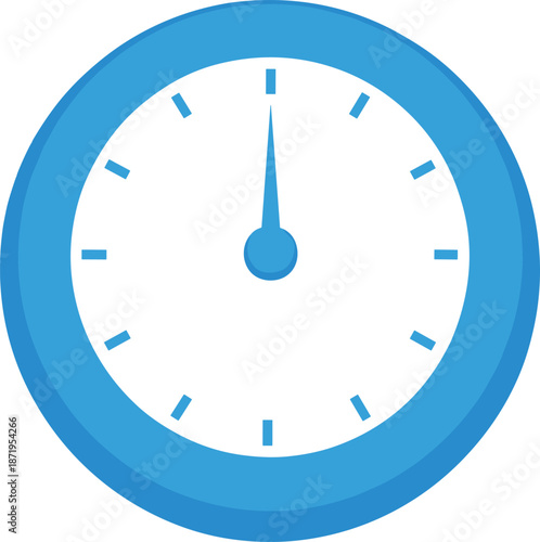 Blue analog clock showing 12:00 with white face and bold hour markers