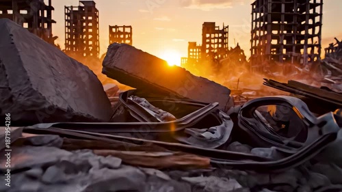 Urban disaster aftermath with debris covered ground collapsed buildings and long sunset shadows revealing widespread destruction and silence